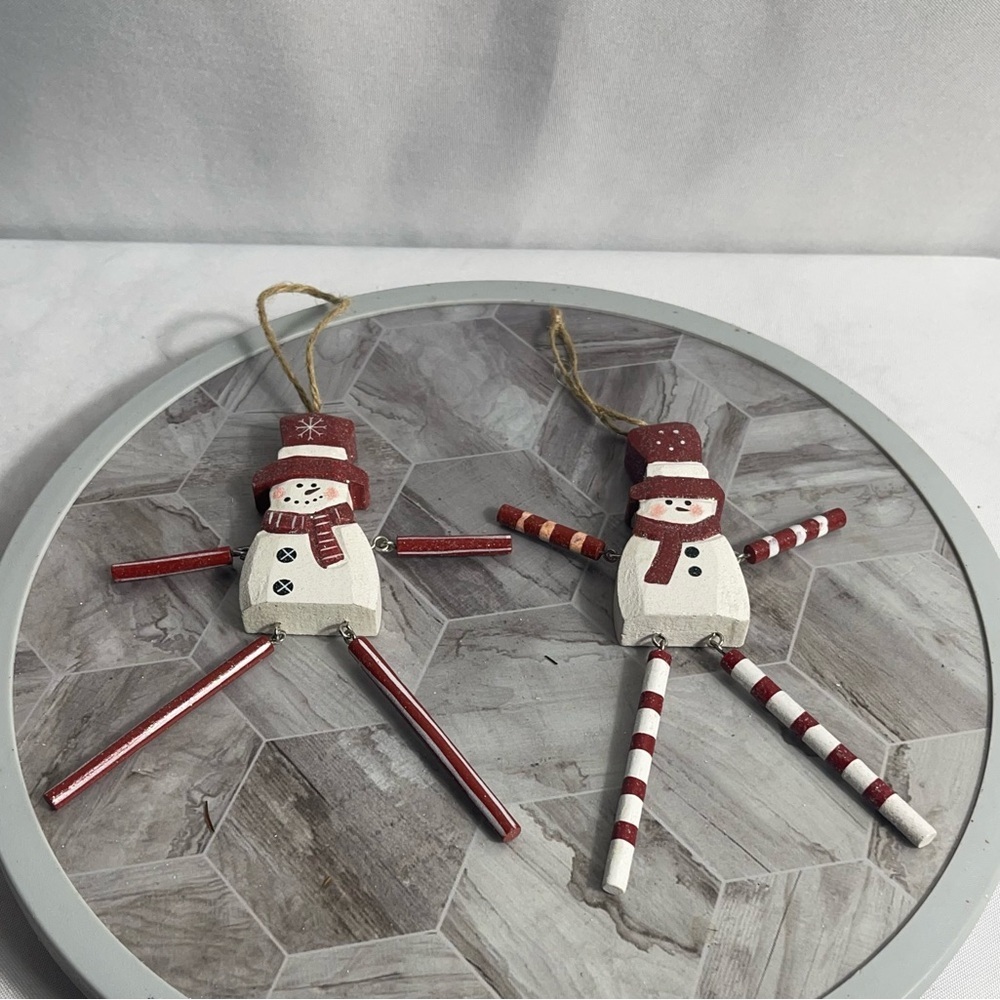 Rustic Wooden Jointed Santa & Snowman Christmas Ornaments Set of 4 Red White